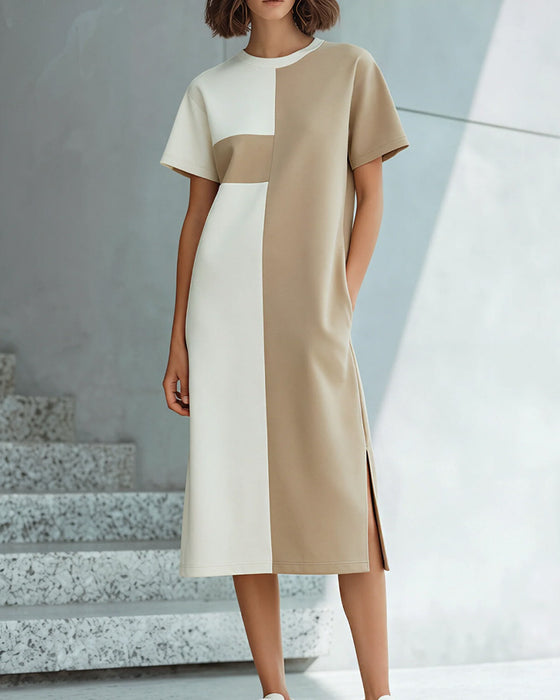 Color-Block Short-Sleeve Slit Knee-Length Dress