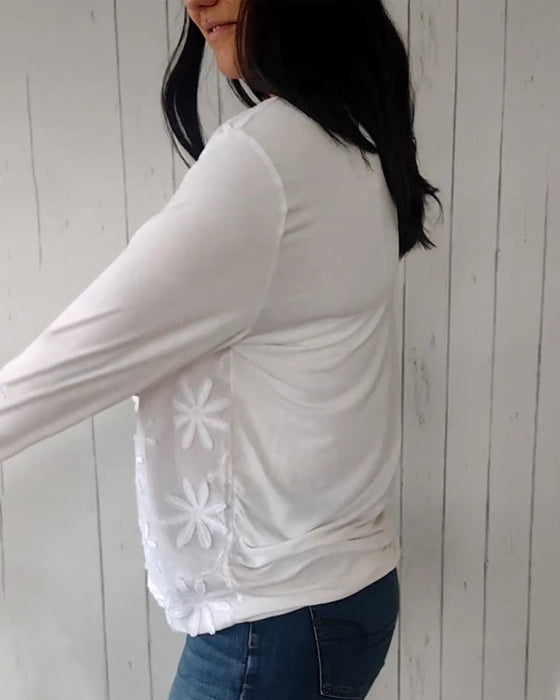 V-neck embroidered long-sleeved top