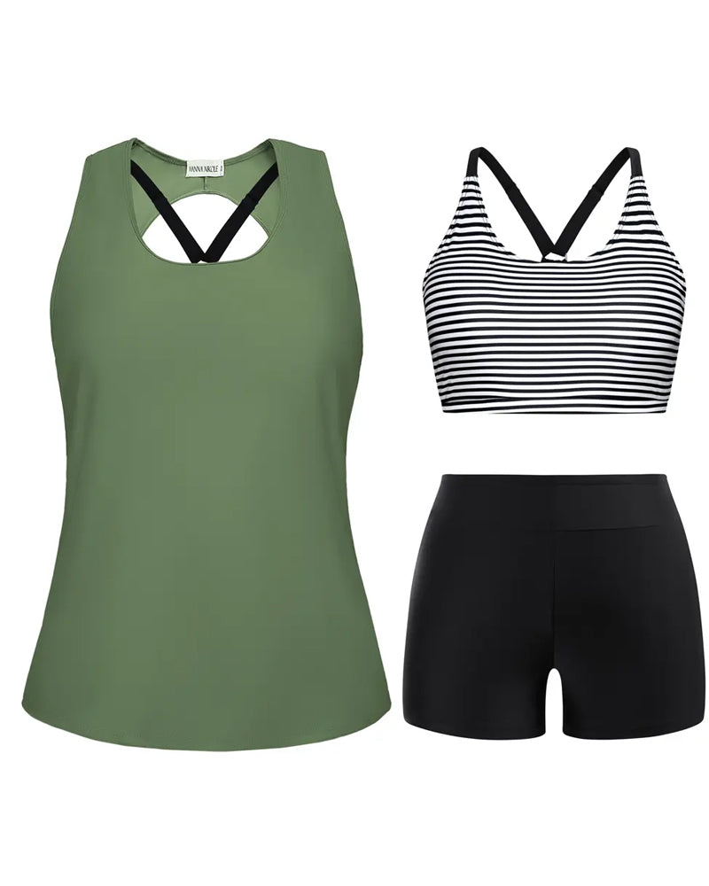Crewneck Sleeveless Geometric Print Boy Shorts Tankinis