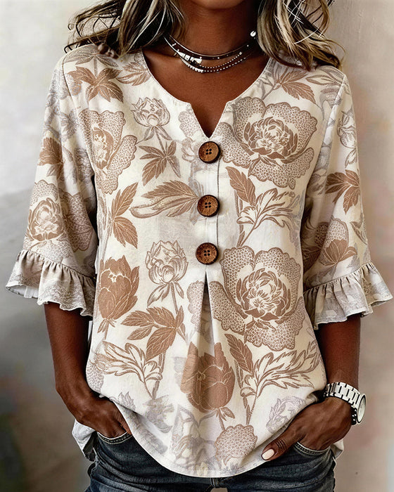 Printed Ruffled Cuff Blouse