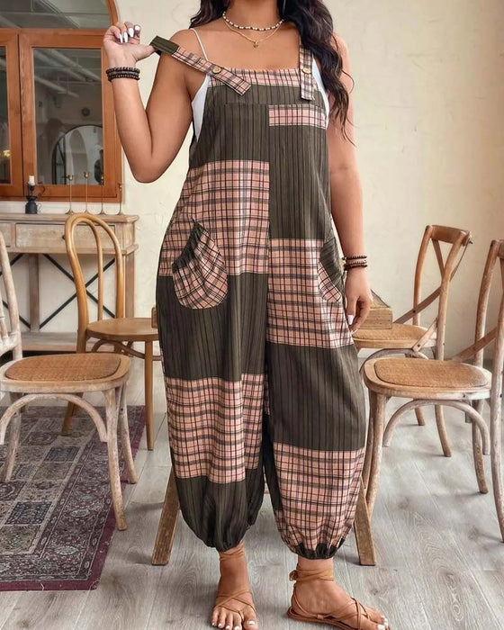 Plaid Color-Block Overall Jumpsuit
