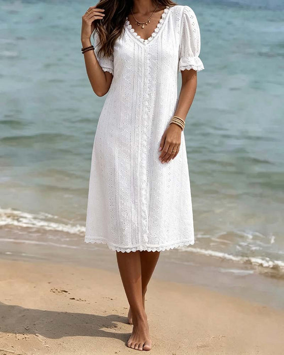 Solid V-Neck Lace Patchwork Bubble Sleeve Dress