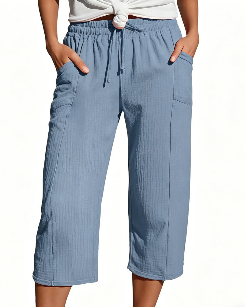 Solid Color Drawstring Wide-Leg Cropped Pants