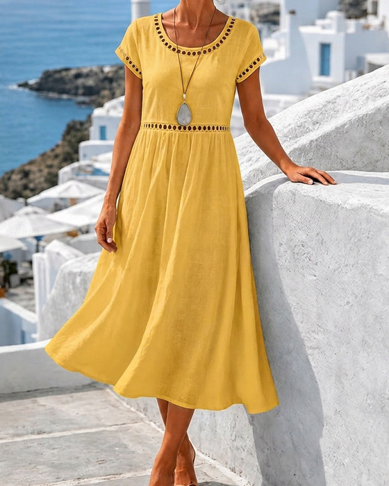 Cutout Waist Crew Neck A-Line Long Dress