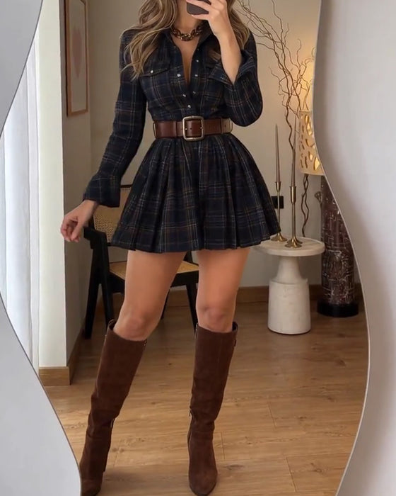 Lapel Button Plaid Shirt Dress