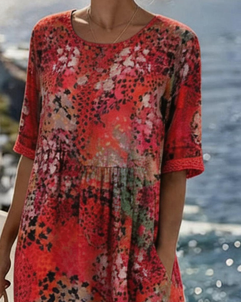 Polka Dot Print Crewneck Long Dress