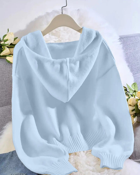 Cropped V-Neck Hooded Pullover