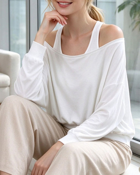 Off-Shoulder Mock Two-Piece Long Sleeve Top