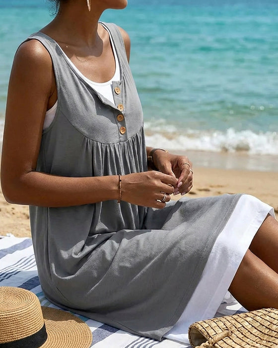 Sleeveless Color Block Mock Two-Piece A-Line Dress