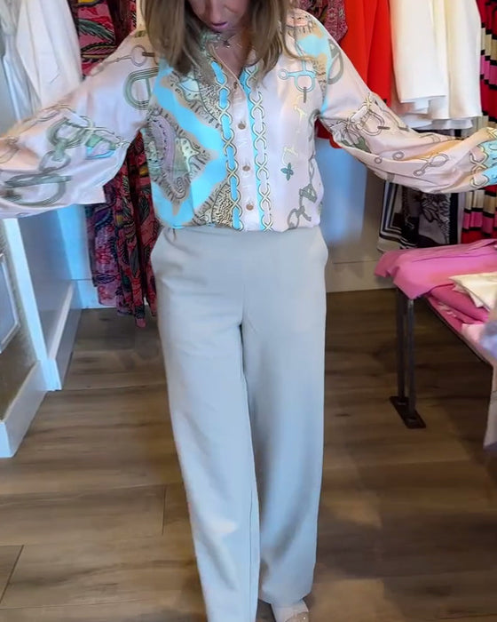 Retro printed lantern sleeve elegant shirt