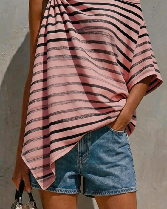 Striped One-Shoulder Twist Knot Blouse