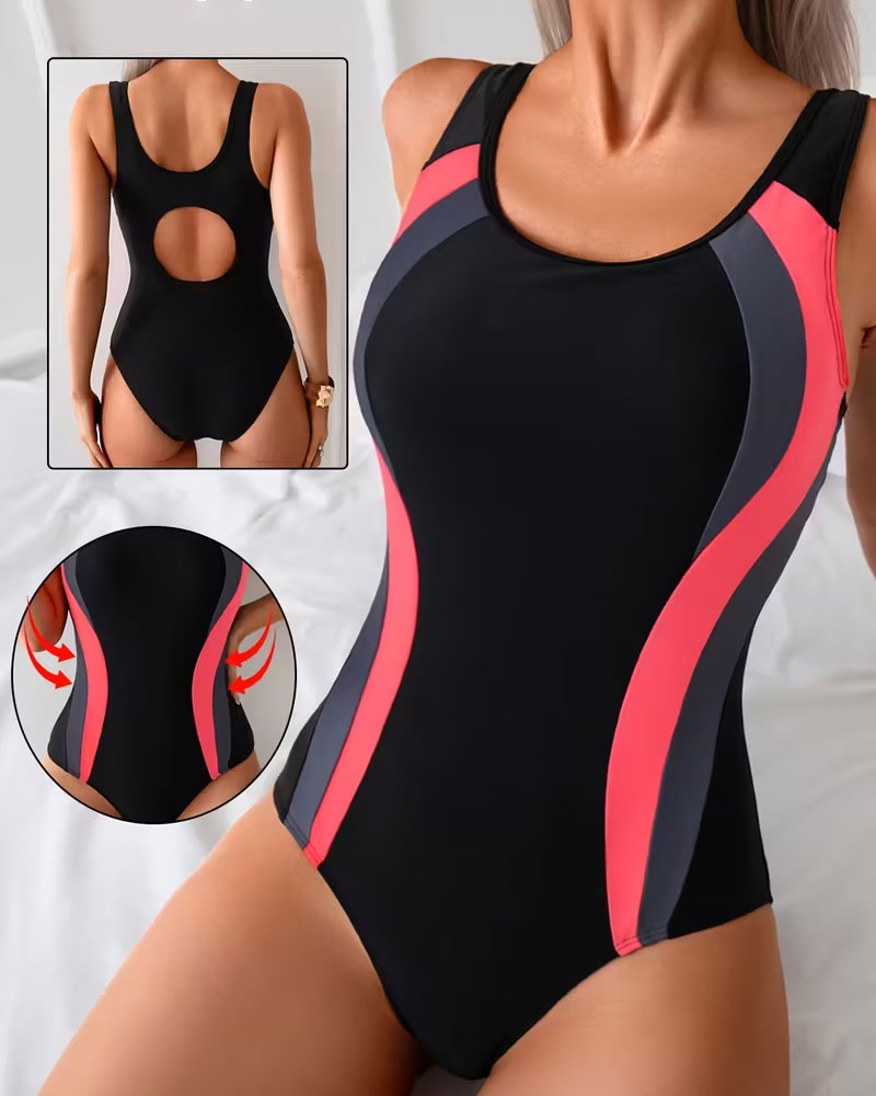 Color-Blocked Printed One-Piece Swimsuit