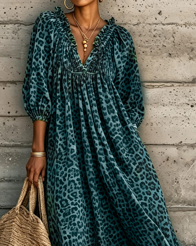 Leopard Print V-Neck Puff Sleeve Dress
