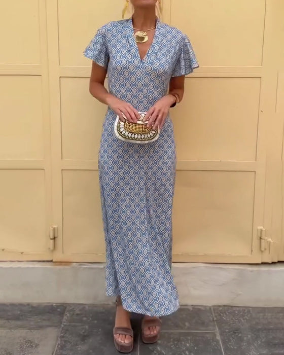 V-Neck Diamond Print Ruffled Sleeve Dress