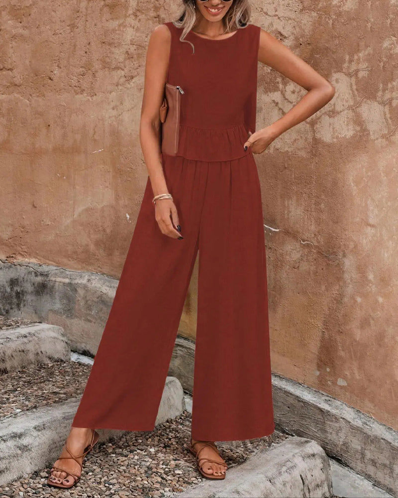 Sleeveless Round Neck Ruffle Wide Leg Set