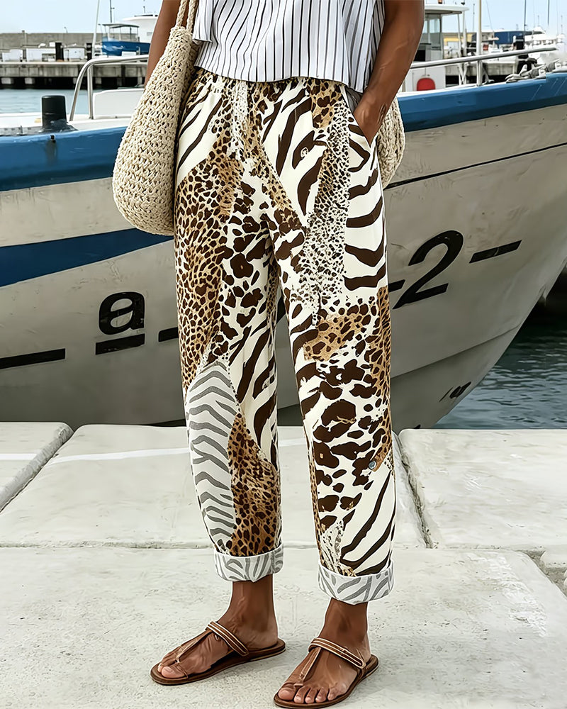 Leopard and Zebra Patchwork Casual Long Pants