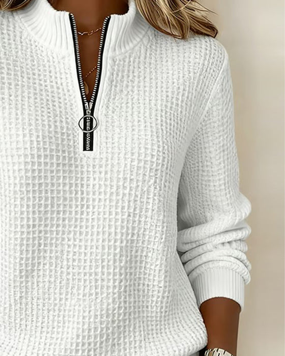 Stand-Collar Zip Long-Sleeve Waffle Sweatshirt