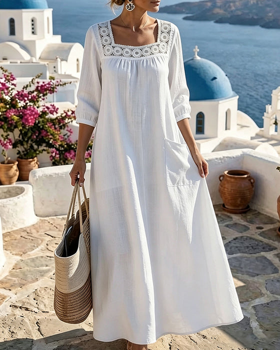 Square Neck Hollow Out Patch Pocket Solid Dress