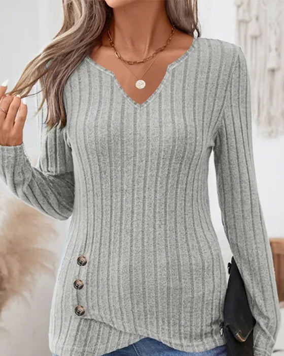 V-Neck Ribbed Long Sleeve Top