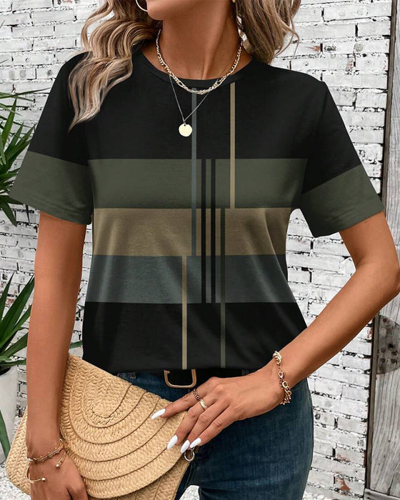 Round Neck Geometric Print Short Sleeve T-Shirt