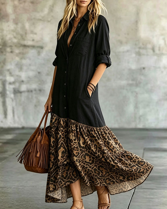 Lapel Buttoned Leopard Print Dress