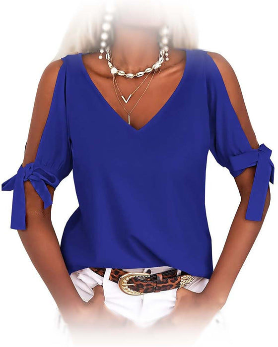 V-Neck Cold Shoulder Bowknot Solid Color Blouse