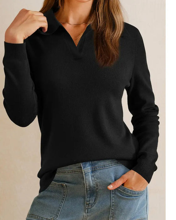 Lapel V-Neck Solid Fitted Top
