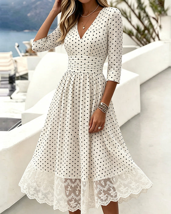 V-Neck Polka Dot Lace Patchwork Dress