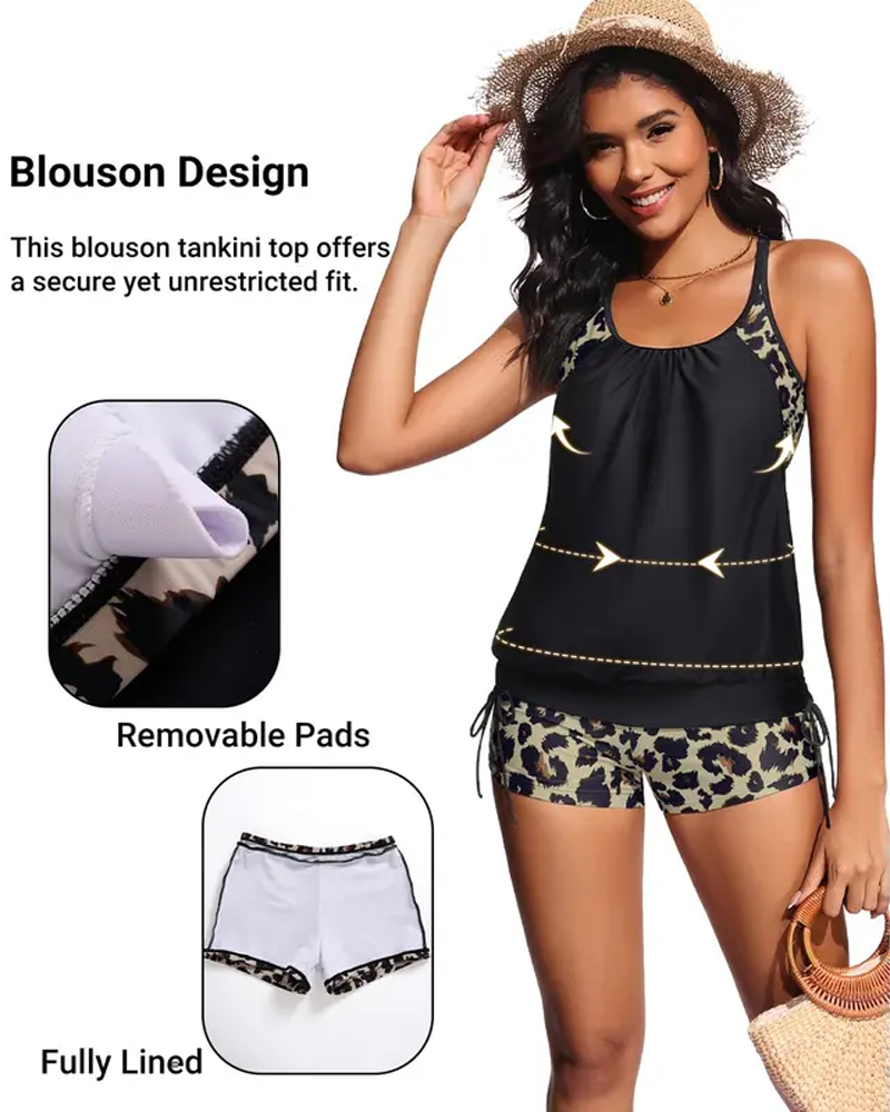 Sleeveless Leopard Patchwork Drawstring Tankini