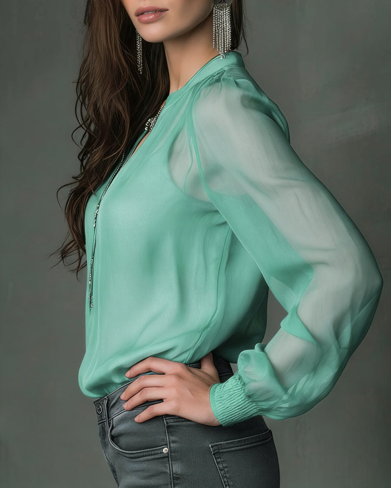 Half-Zip Mesh Long-Sleeve Blouse