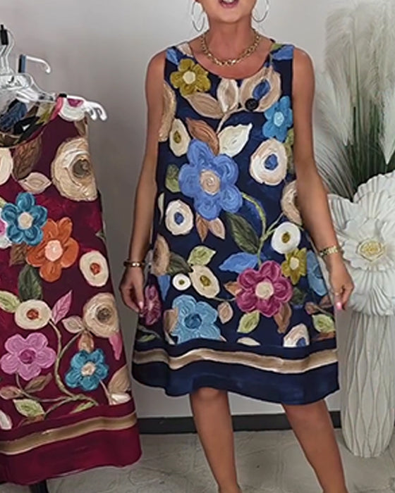 Oil Painting Floral Sleeveless Shift Dress