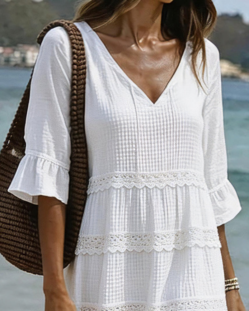 V-Neck Lace Patchwork Medium Sleeve Dress