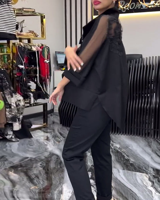 Lapel lace stitching flower blouse