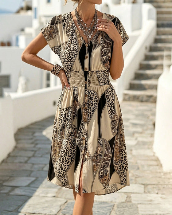 Leopard Print V-Neck Button Waist Dress