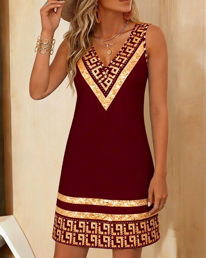 Sleeveless V-Neck Placement Print Dress