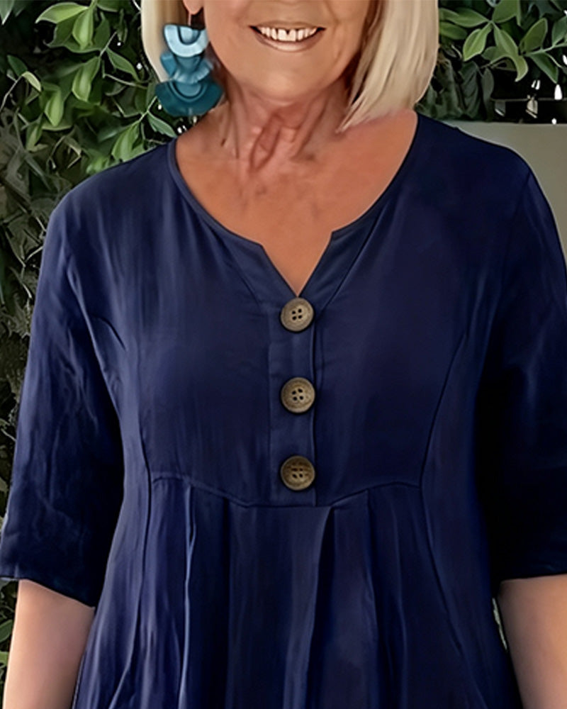 V-Neck Button-Down Casual Dress