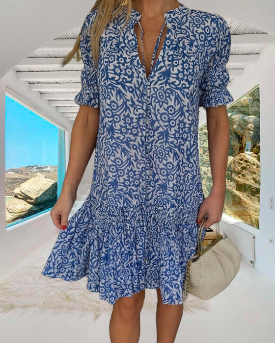 Tie-Up Puff Sleeve Printed Dress