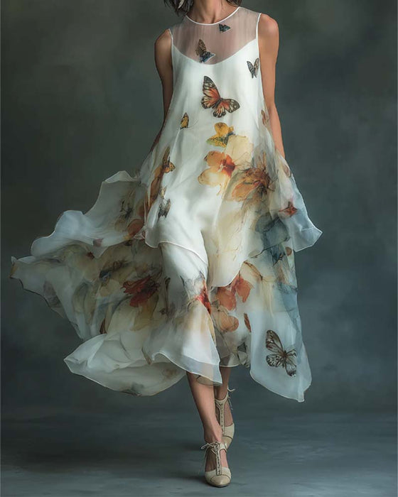 Sleeveless Butterfly Print Dress