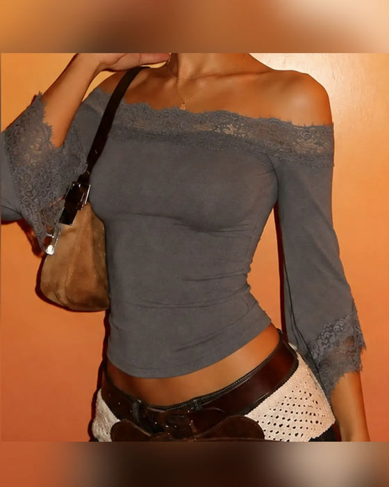 Lace Spliced Off-Shoulder Slim-Fit Top