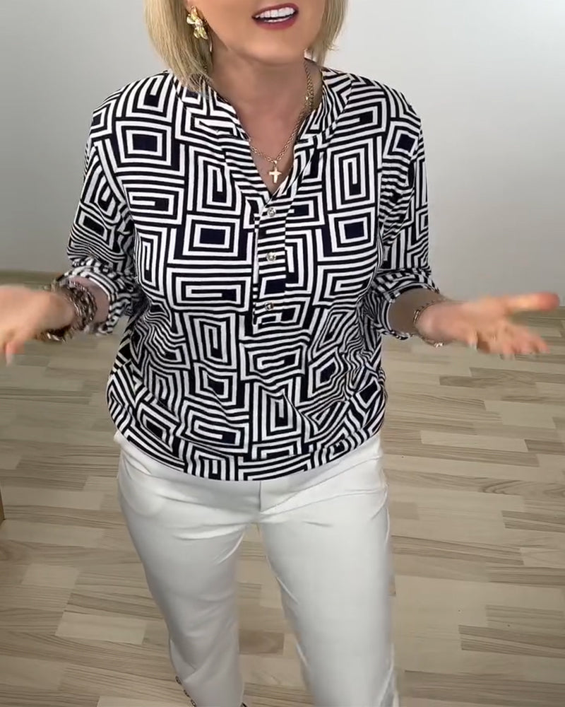Geometric Semi-Open Collar Three-Quarter Sleeve Shirt