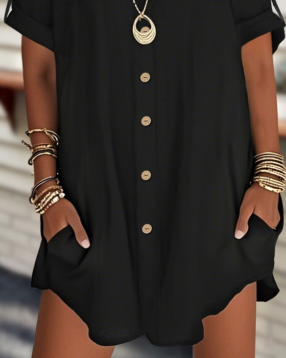 Buttoned Short Sleeve Loose Shirt Dress