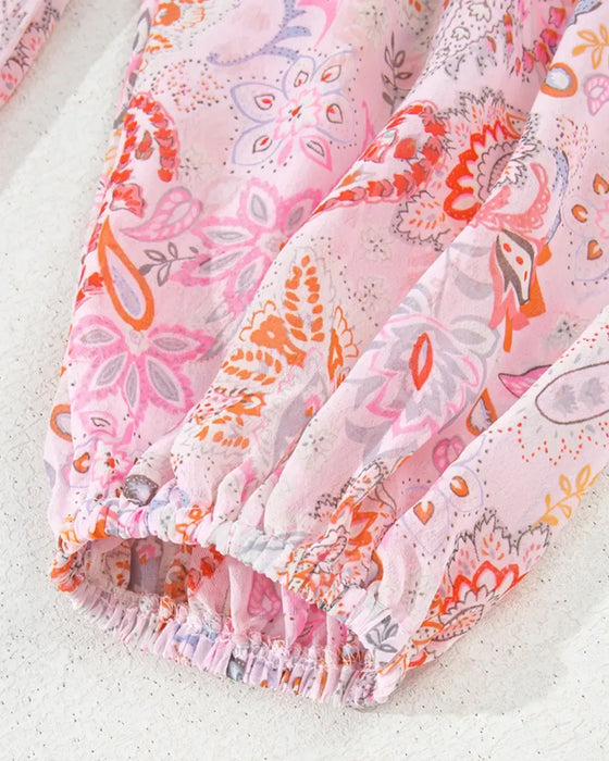 Lantern Sleeve Printed V-Neck Blouse