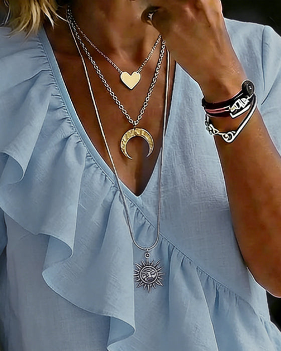 V-Neck Short-Sleeve Ruffled Blouse