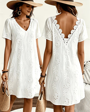 V-Neck Lace Cutout Backless Dress
