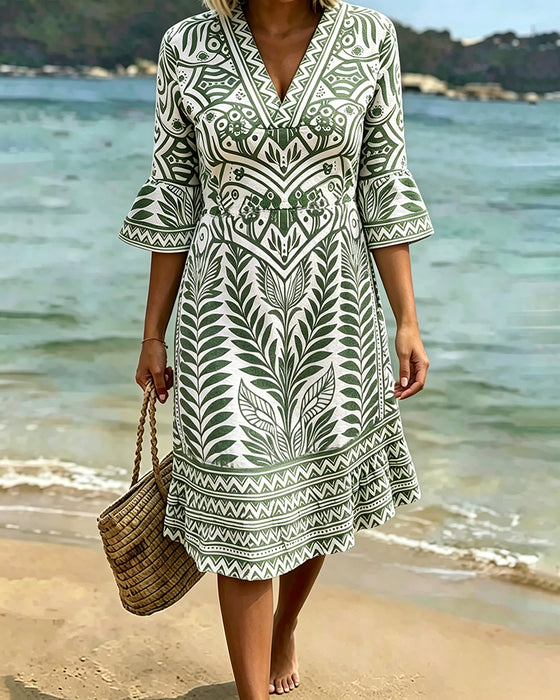 V-Neck Ruffle Sleeve Leaves Print Dress