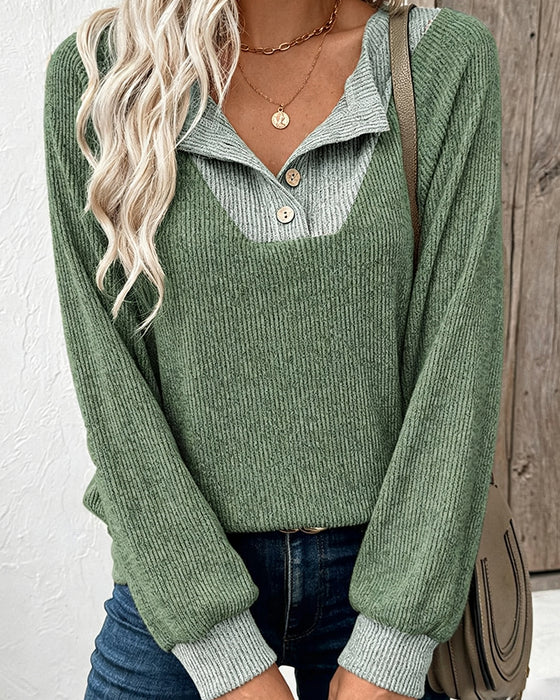 Lapel Contrasting Long-Sleeved Knit Top
