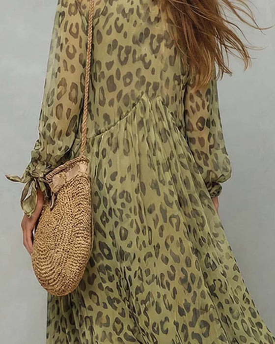 V-Neck Long Sleeve Leopard Maxi Dress