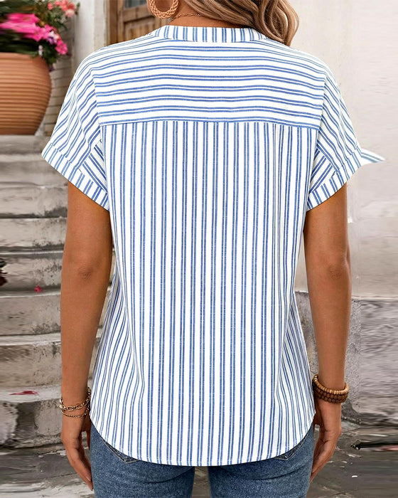 Stripe V-Neck Button Patchwork Blouse