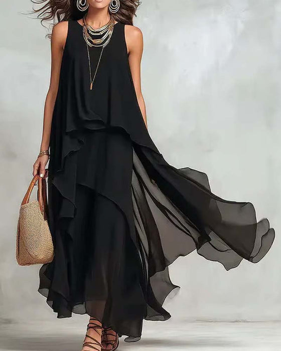 Crew Neck Sleeveless Chiffon Irregular Dress