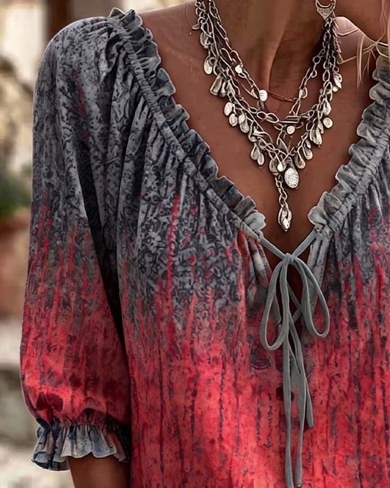 Gradient Tie-Dye Drawstring Three-Quarter Sleeve Blouse